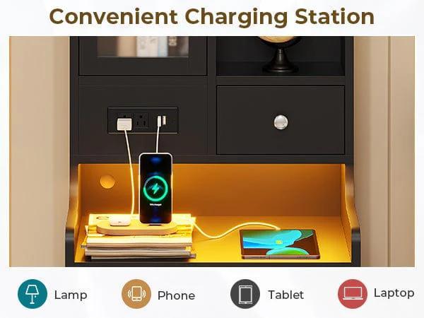 Sikaic LED Tall Nightstand Side Table with Charging Station Drawers Shelves Glass Door Storage Usb Ports Rgb Light Strips Sikaic LED Tall Nightstand Side Table with Charging Station Drawers Shelves Glass Door Storage Usb Ports Rgb Light Strips