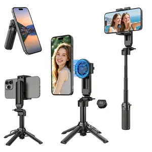 Portable Magnetic Selfie Stick Tripod with Rechargeable Remote - Compact Pocket-Sized Foldable (4.6in), Stable 4-Leg Stand, 33FT Bluetooth Wireless Shutter, 2-in-1 Integrated Magnetic Phone Clip, Extendable with Flexible Angle for iPhone 17/16/15/14