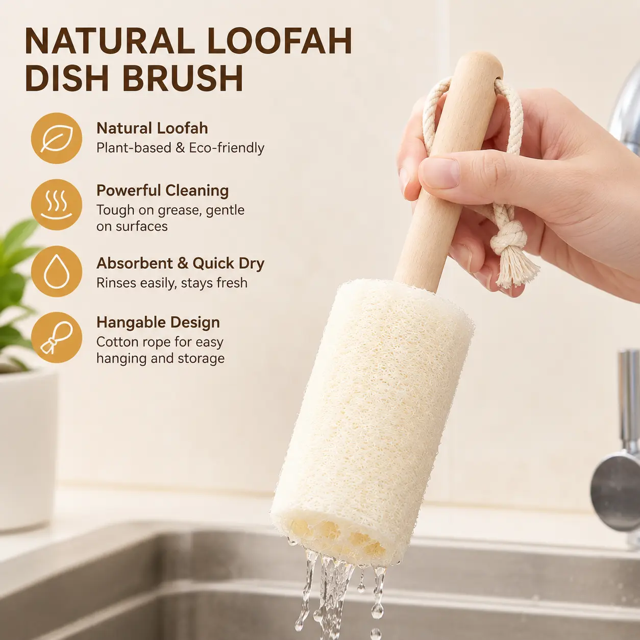 Household Loofah Sponge Cleaning Brush with Solid Handle, Long Head, Absorbent, Rich Foam, Reusable, Hangable Design, Single Unit for Kitchen Clean (Washing Cups, Pots, Dishes), Loofah Fiber
