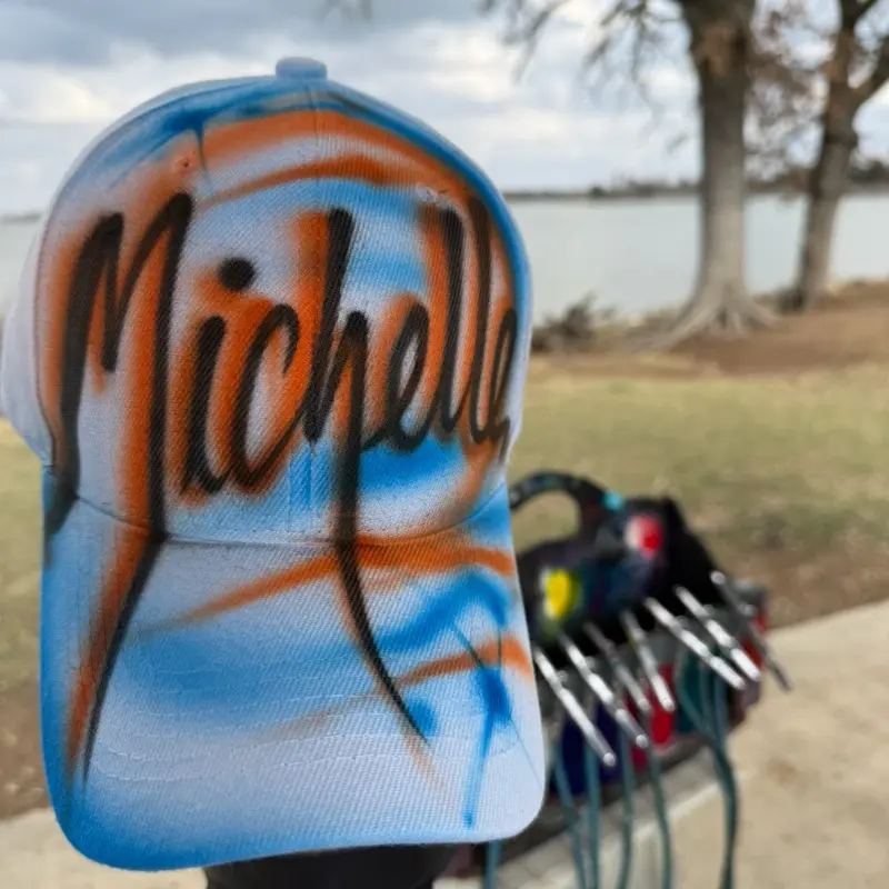 Airbrush Hat One Word - orange and blue Baseball Cap with Custom Name Design