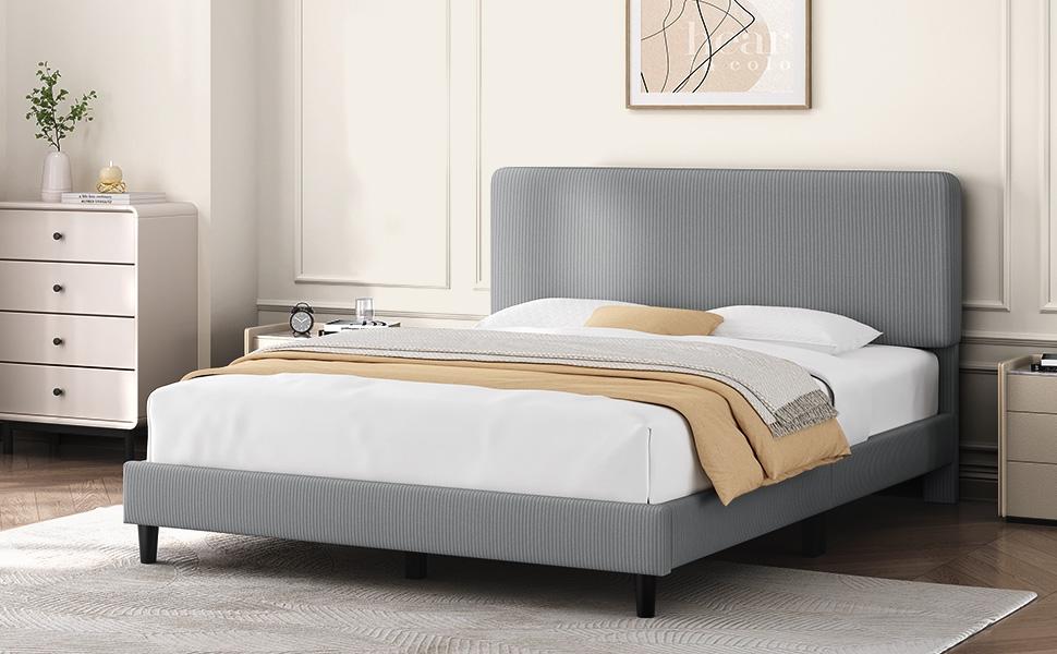 Yaheetech Bed Frames with Adjustable Headboard, Chenille Fabric Upholstered Headboard/Platform Bed, No Box Spring Needed/Wood Slats Support/Easy Assembly