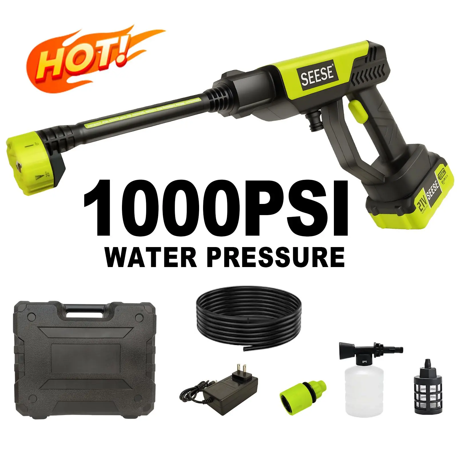 SEESE Portable 21V Cordless Pressure Washer Compact Power Washer for Car Patio & Garden Cleaning with Accessories