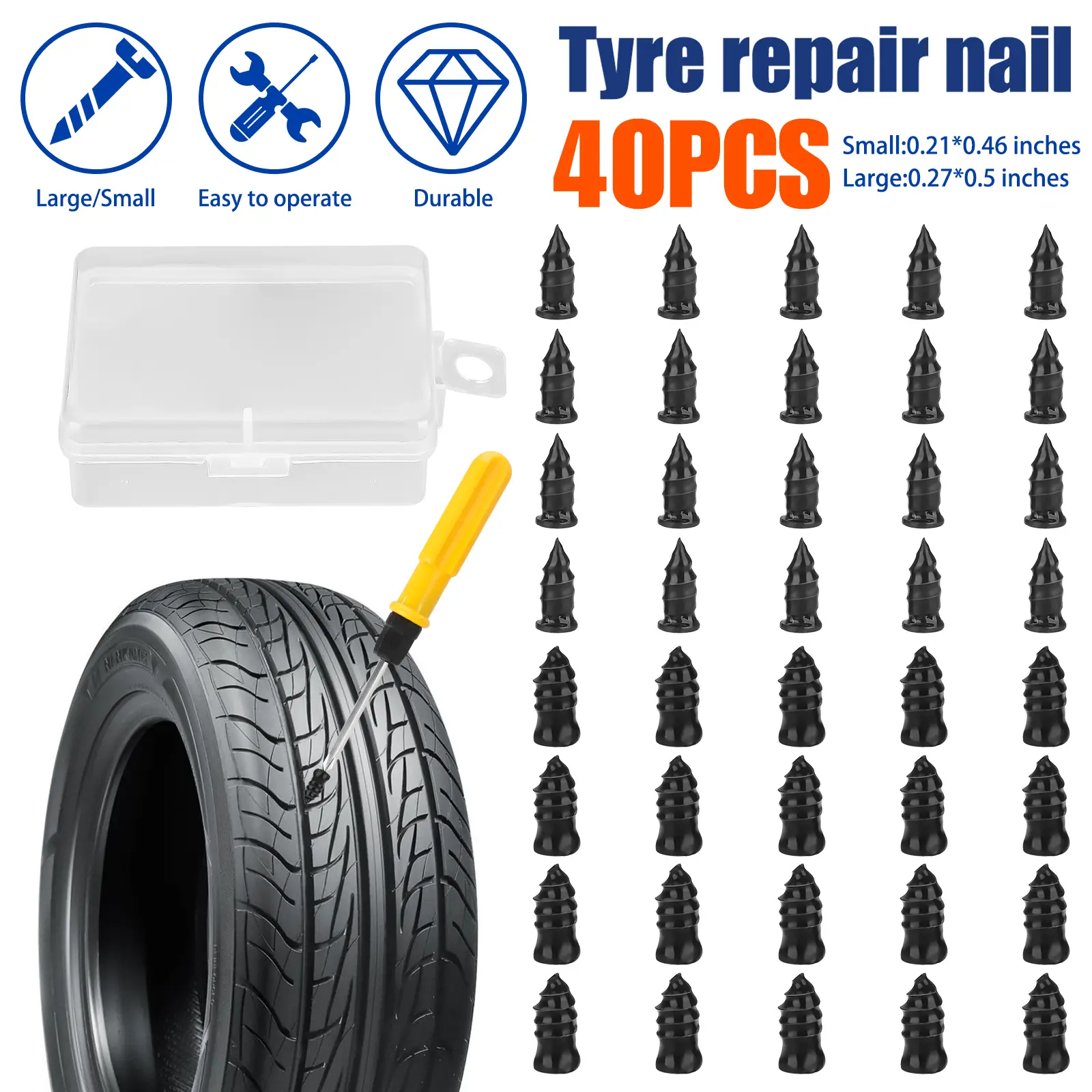 41Pcs Self-Service Tire Repair Tool Set - Spiral Vacuum Tire Repair Kit with Vacuum Screws & Plug Kit for Car Motorcycle,Self-Tapping Tire Screw Plug Fast Tool