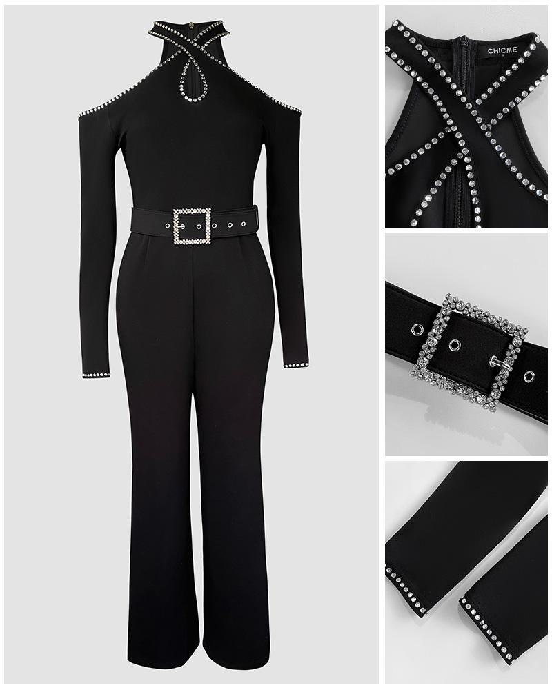 ChicMe Rhinestone Decor Formal Jumpsuit Cold Shoulder Long Sleeve Romper with Belt Zipper Back Wedding Guest Cocktail Party Outfit ChicMe Rhinestone Decor Formal Jumpsuit Cold Shoulder Long Sleeve Romper with Belt Zipper Back Wedding Guest Cocktail Party Outfit