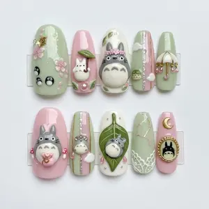 Pastel Totoro Kawaii Press On Nails with 3D Totoro Charms, Cute Forest Anime Nail Art Set, Handmade Cartoon Fake Nails for Anime Lovers, Birthday Gift for Girls, Japanese Kawaii Nails for Party, Holiday