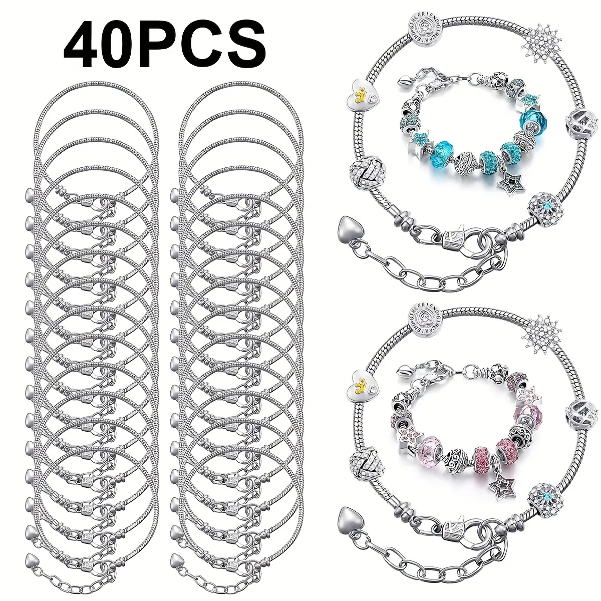 40-Piece Snake Chain Bracelet Blanks, 16cm Adjustable Bands for DIY Charm Jewelry Making, Unisex Set with Heart Extension Chain, Adjustable Link Bracelet, Diy Jewelry, Charm Bracelet Kit