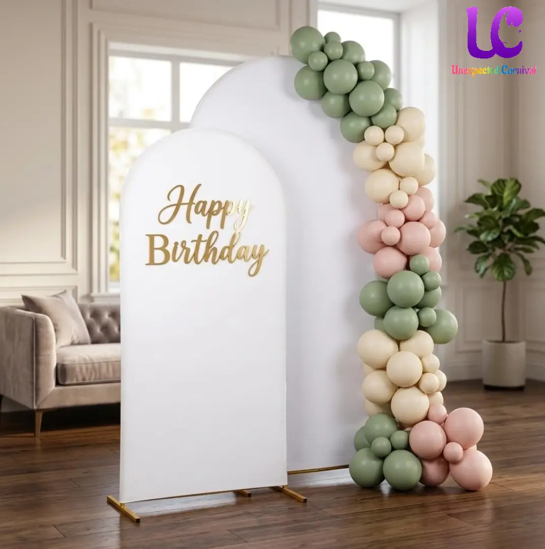 [2Pcs Set] Stable Gold Arch Backdrop Metal Frame (7.2Ft + 6Ft) with White Stretch Covers, Balloon & Fairy Decor Compatible, Arch Design for DIY Users, Wedding Photo & Event Backdrops Decoration