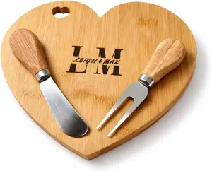 Personalized Heart Shaped Bamboo Cheese Board with Cheese Knife & Fork – Custom Engraved Charcuterie Board Gift for Couples, Wedding, Anniversary & Housewarming