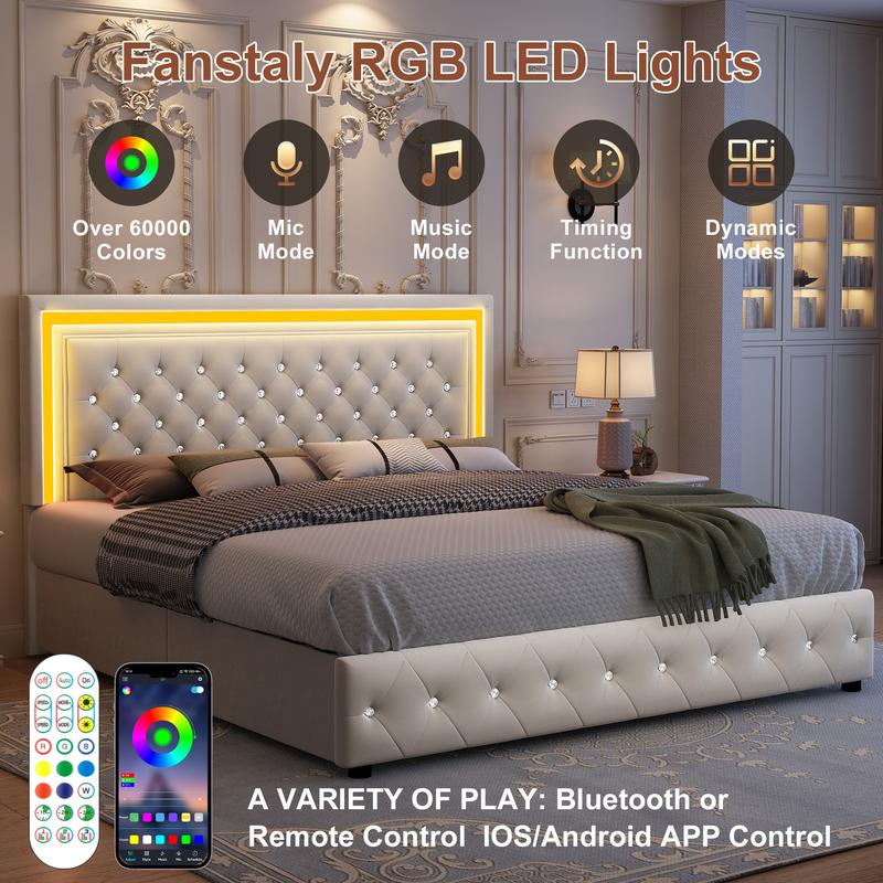 GEGOFORU Queen LED Storage Platform Bed with 4 Drawers, Adjustable Upholstered Headboard, Smart RGB Lights, Noise-Free, No Box Spring Needed, Easy Assembly, Grayring Needed, Easy Assembly, Gray