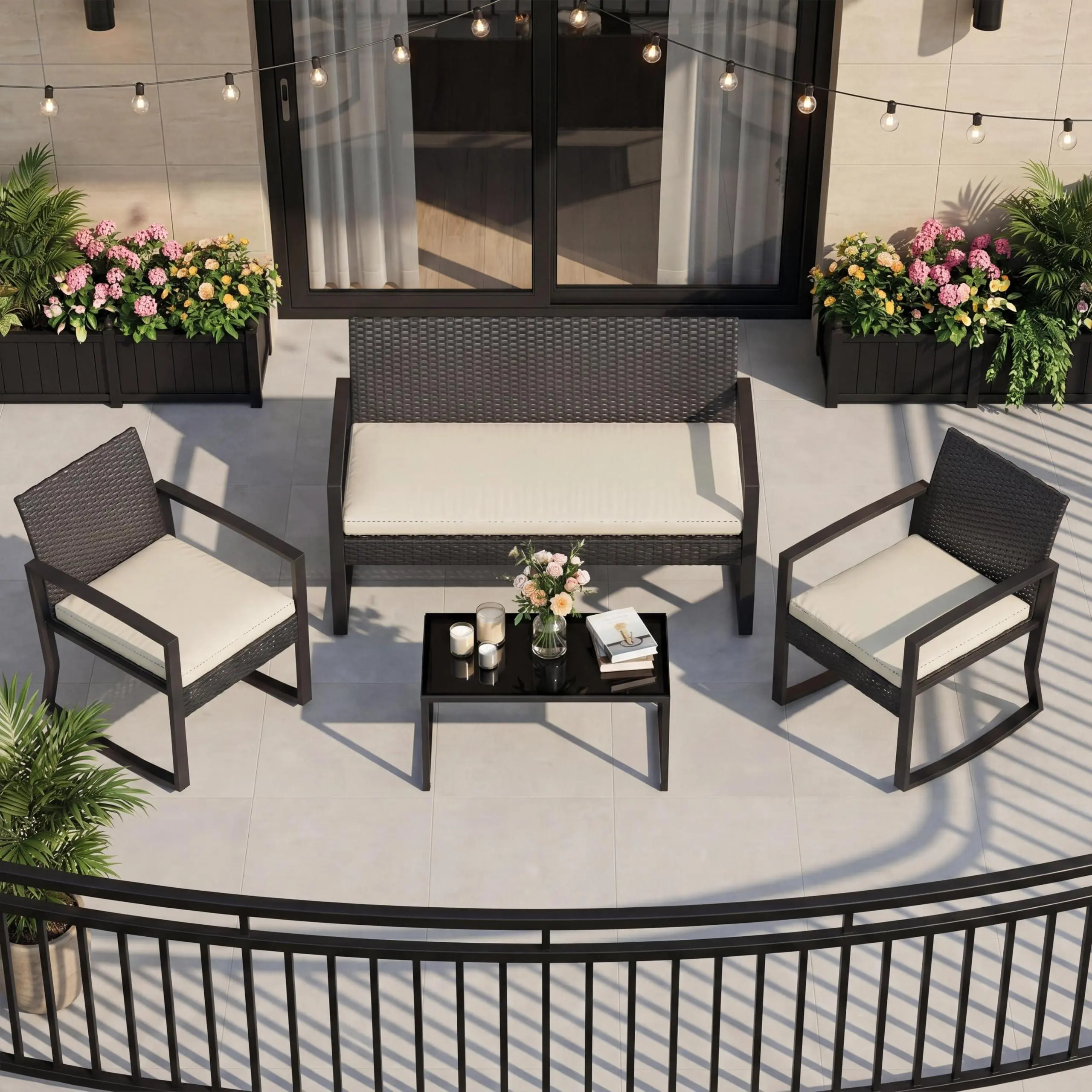 GARVEE 4 Piece PE Rattan Patio Set, Outdoor Rocking Chair Conversation Set with Coffee Table and Cushions, All-Weather Wicker Furniture for Patio, Porch, Backyard, Black and Beige
