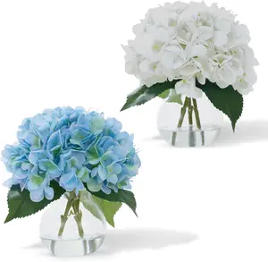 2PCS Artificial Hydrangea Flowers in Glass Vase with Faux Water, Fake Hydrangeas, Faux Flower Arrangements for Home Office,Bathroom,Blue&White