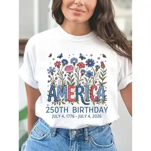 Celebrate 250th Anniversary with Vibrant Floral TShirt Featuring Blue Red and White Accents Butterfly and Flower Motifs Perfect Casual Crew Neck Top for Independence Day and National Festivities