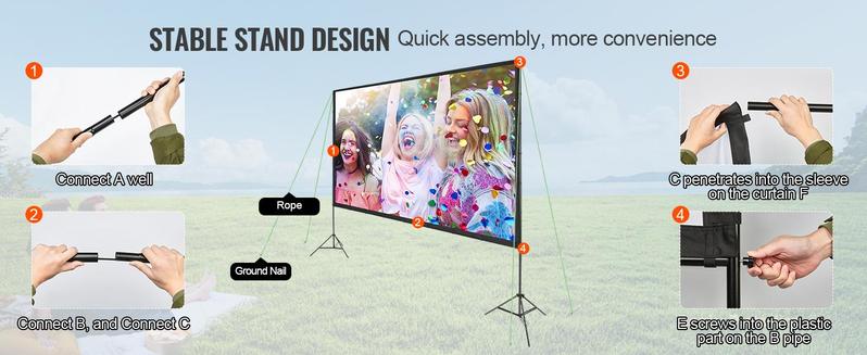 VEVOR Projector Screen with Stand, 150 inch 16:9 4K 1080 HD Outdoor Movie Screen with Stand, Wrinkle-Free Projection Screen with Tripods and Carry Bag, for Home Theater Cinema Backyard Movie Night