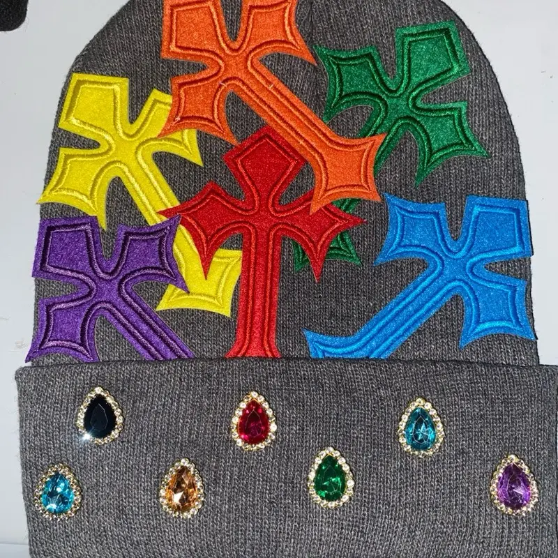 Halo Wear Grayson Beanie Cross Style Hat with Colorful Embroidered Crosses and Sparkling Gemstone Accents