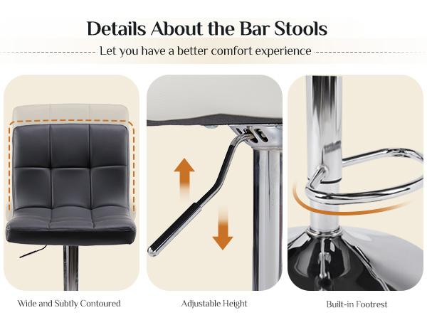 PU Leather Adjustable Swivel Bar Stool,Kitchen Counter Height Bar Stool,Thick Seat Cushion Square Island Bar Stool with Backrest 2 Piece Set