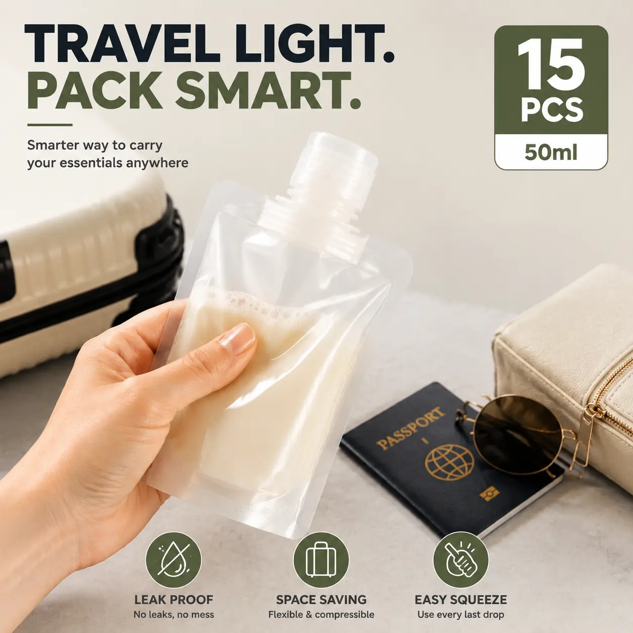 15PCS 50ml Travel Squeeze Pouches, Reusable Leak Resistant Toiletry Bags, Flexible Liquid Containers for Shampoo, Lotion & Skincare