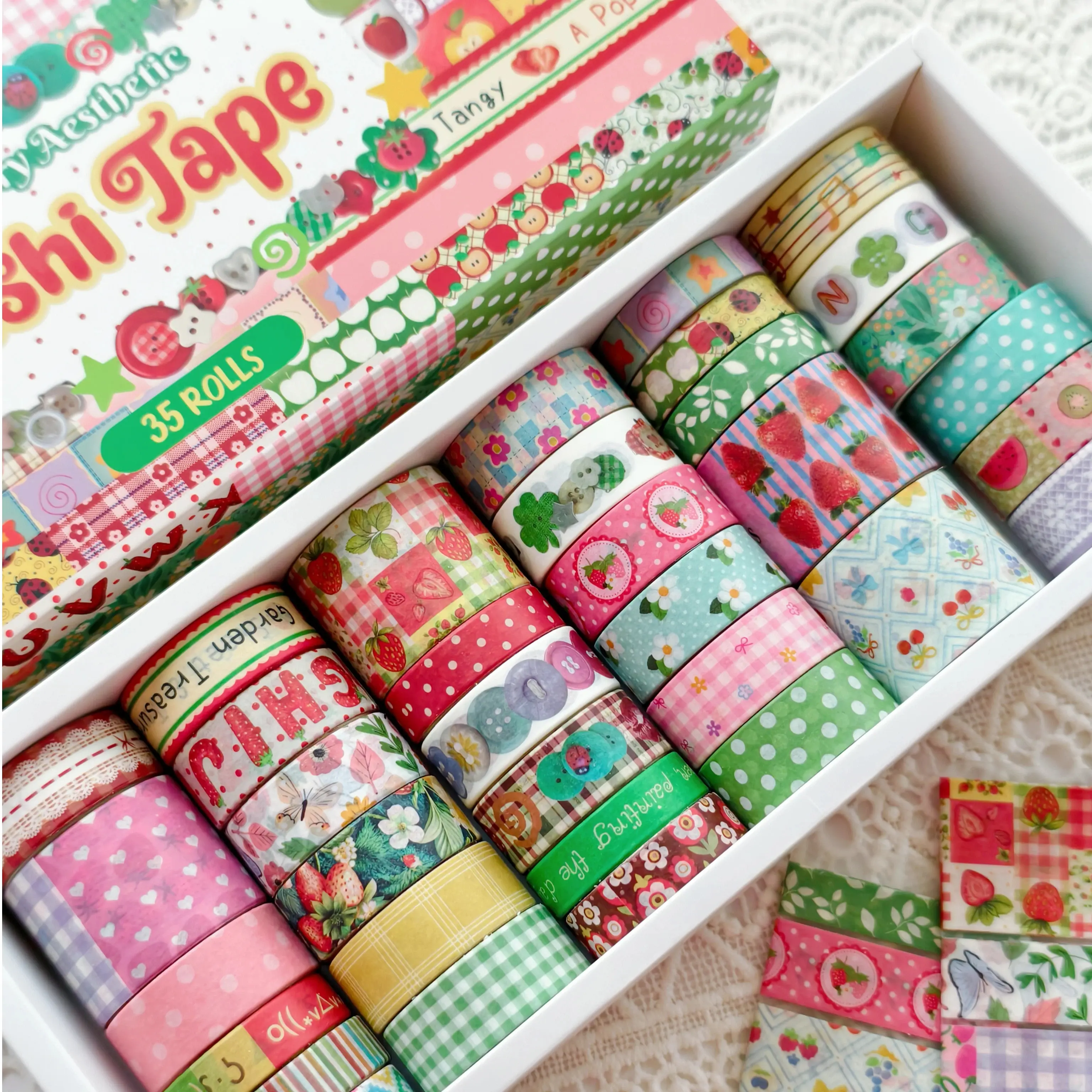 Coquette Bow & Strawberry Washi Tape Box Set - 35/42 Rolls with 10 Sample Cards, Kawaii Aesthetic Masking Tape for Junk Journal, Scrapbooking DIY Adhesive Strips, Decorative Paper