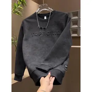 Autumn Winter New Fleece Pullover Steel Print Letter Gradient Top Men's Long Sleeve Casual Pure Cotton Sweatshirt