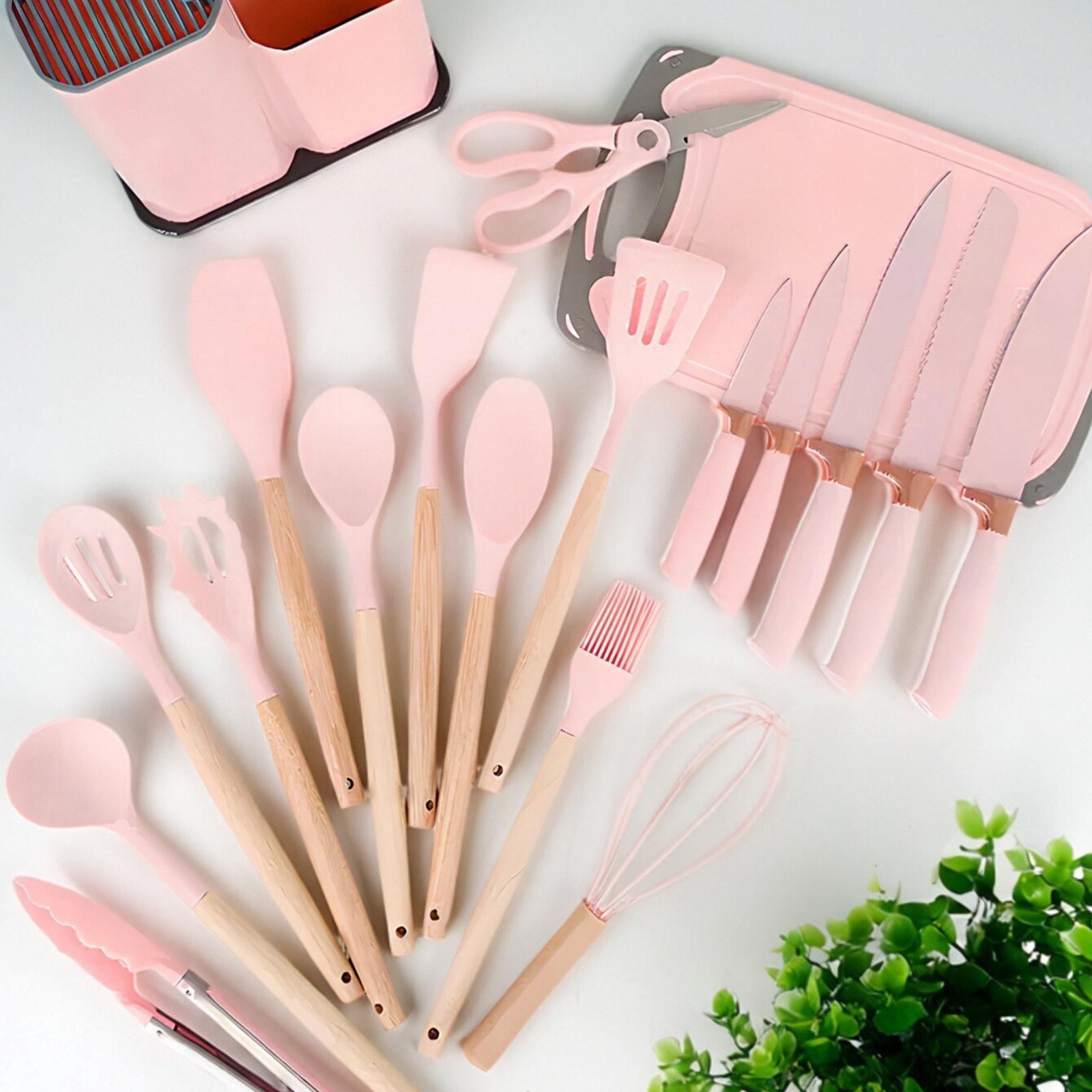 19-Piece Kitchen Knife Set (Including Heat-Resistant Silicone Cutlery and Equipped with Wooden Handles)Comes with 2 chef's knives and knives compatible with non-stick cookware, easy to clean and maintain. Perfect for Christmas gifting White Kitchenware