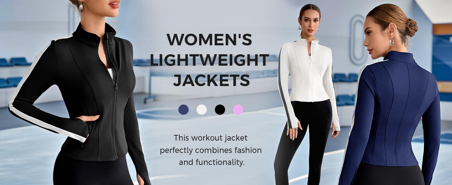 Fisoew Sports  2026 Summer Spring Women's Zippered Sports Jacket, Pleated Lightweight Slim Fit  Stand Collar with Thumbhole Pockets, SpringStatements
