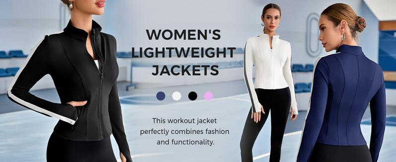 Fisoew Sports Women's Zippered Sports Jacket, Pleated Lightweight Slim Fit  Stand Collar with Thumbhole Pockets,Valentine's Day Gift Recommendations