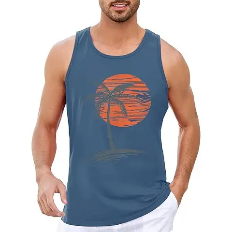 Runcati Mens Sleeveless Tank Tops Workout Gym Shirts Palm Tree Vintage Style T-Shirt