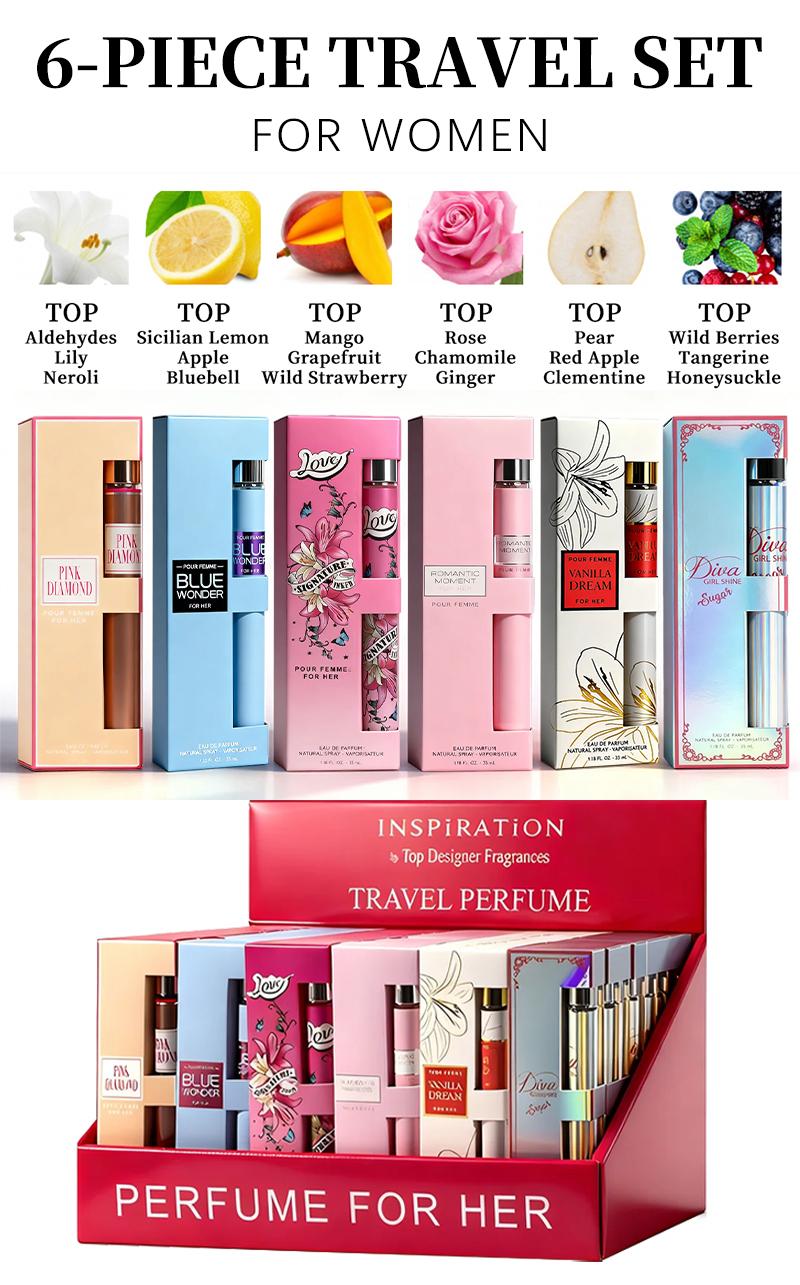 6-Piece Set Women's Eau De Parfuma Fragrance Spray, Travel Size Perfume, Long-Lasting , 6 Different Scents, Perfect For Dating, Daily Life, Parties,Gift Giving, 1.18 fl oz/35 ml Each Bottle