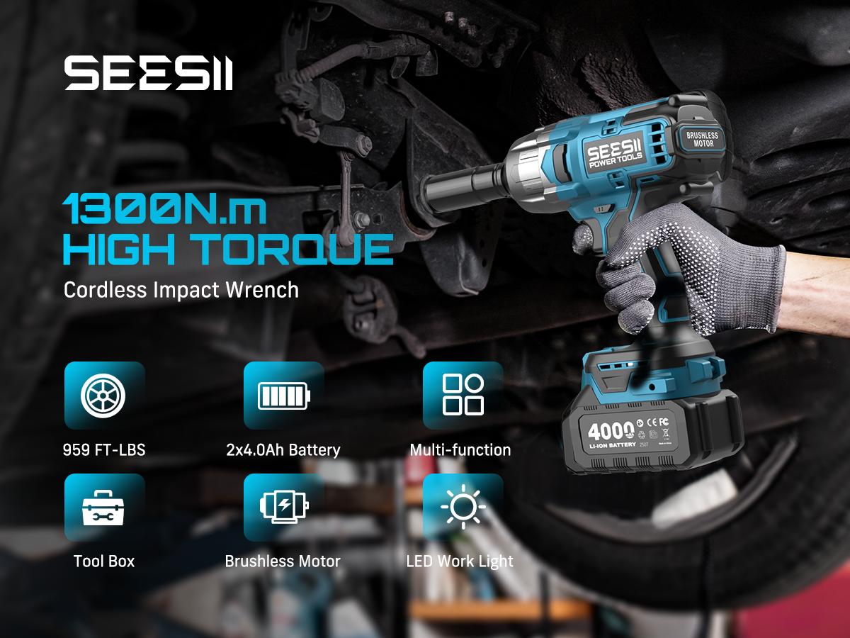 SEESII Cordless Brushless Impact Wrench WH860 Ultra 1300Nm High Torque 2x 21V 4.0Ah Li-ion Batteries 3-Speed Gear LED Light Full Accessories Kit for Agricultural Machinery Trucks Car Repair Home Use