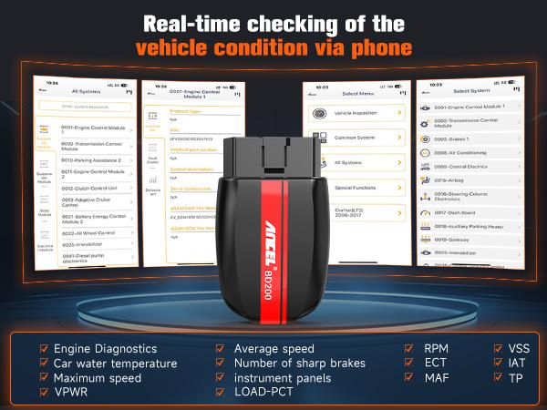 ANCEL BD200 0BD2 Scanner Bluetooth Code Reader & Check Engine Diagnostic Scan Tools with Car Battery Test, Wireless OBDII Adapter