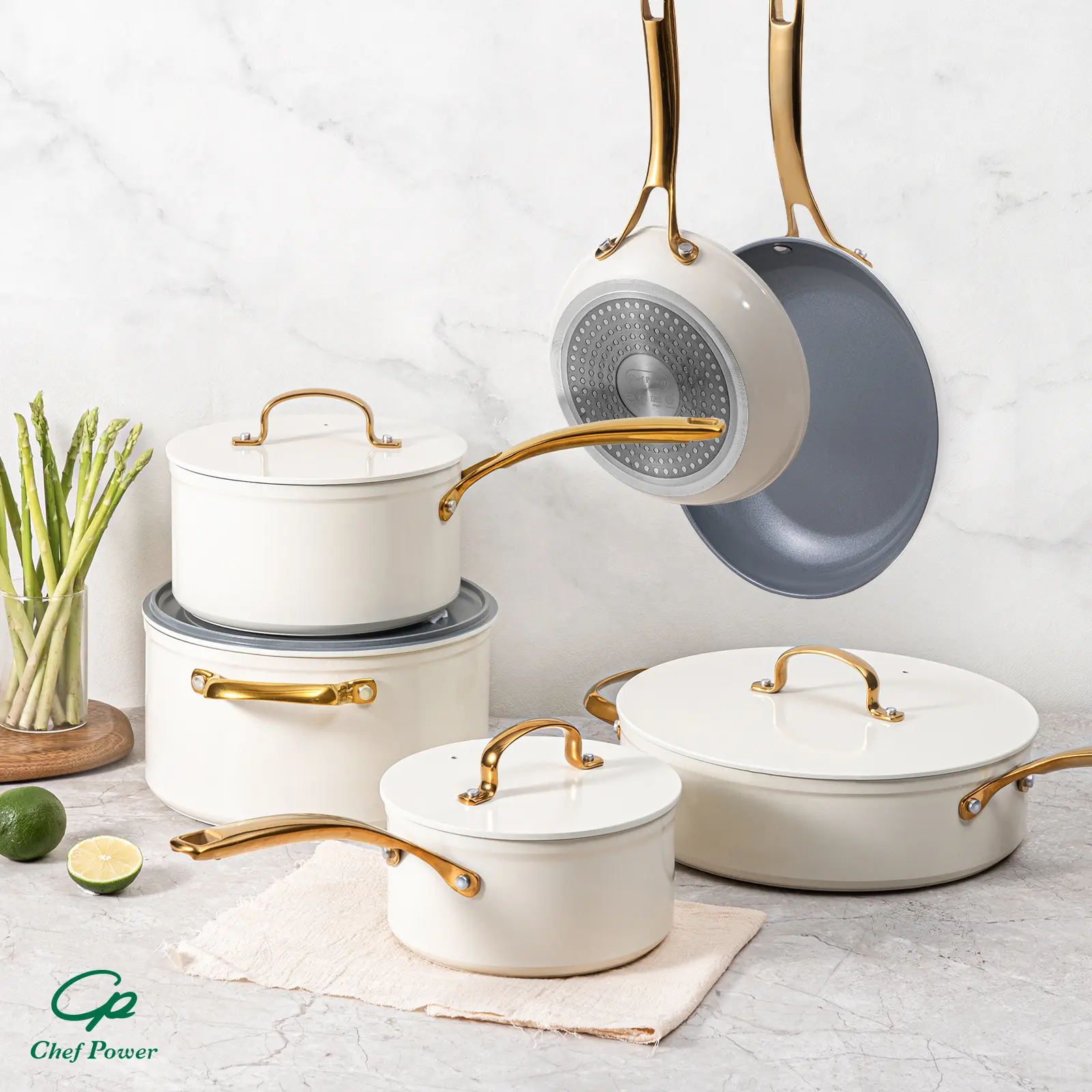 Chef Power Sunray 10pcs Golden Handle Ceramic Nonstick Cookware Set By Series Oven Safe Kitchen Dining Pan Pot Utility white aesthetic cookware Frying Summervibes summerwins,home essentials