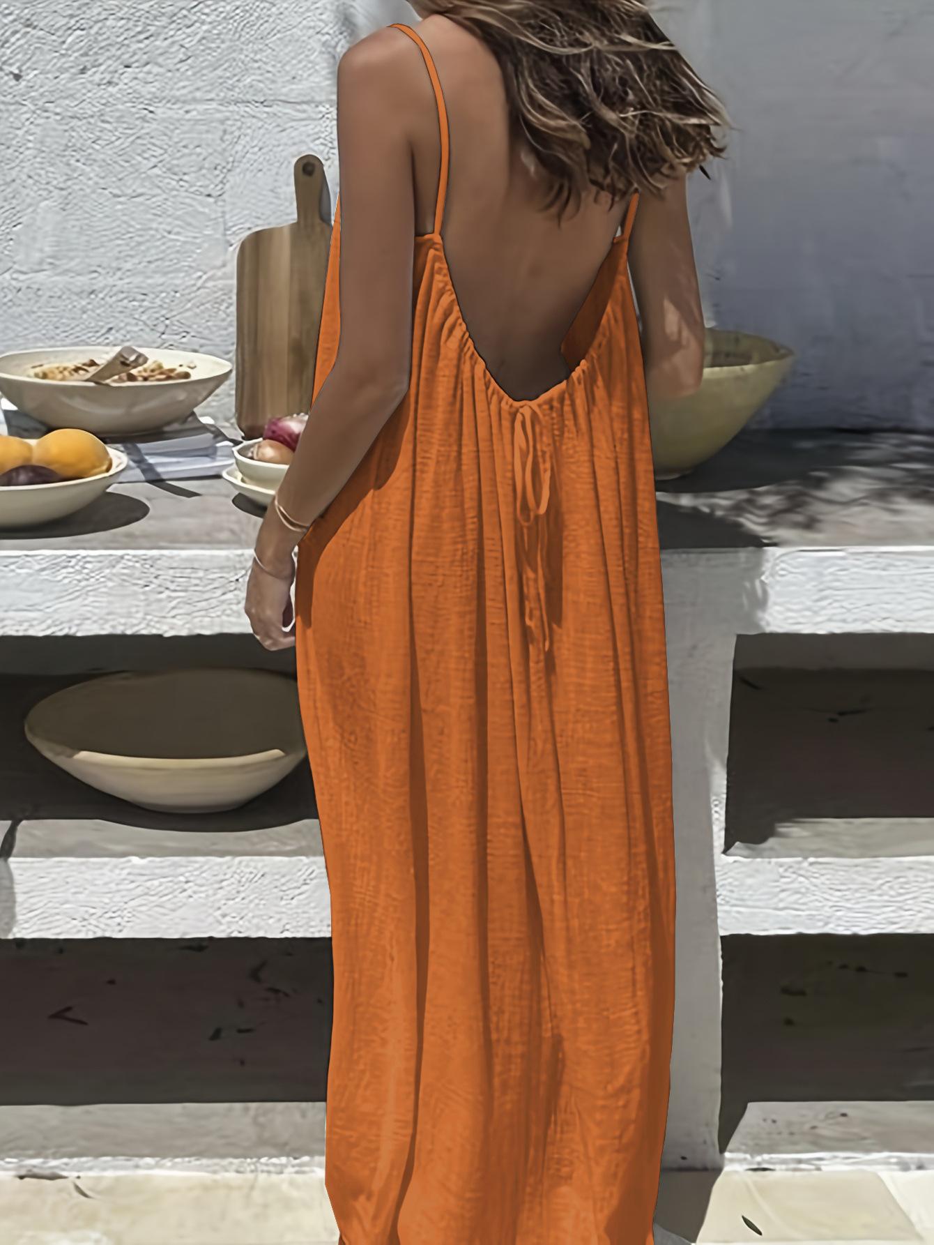 Women's Solid Color Cami Lounge Dress, Elegant Sleeveless Long Dress for Summer, Ladies Sleepwear for Indoor Wear Sultry Open-Back Slip Dress for Valentine's