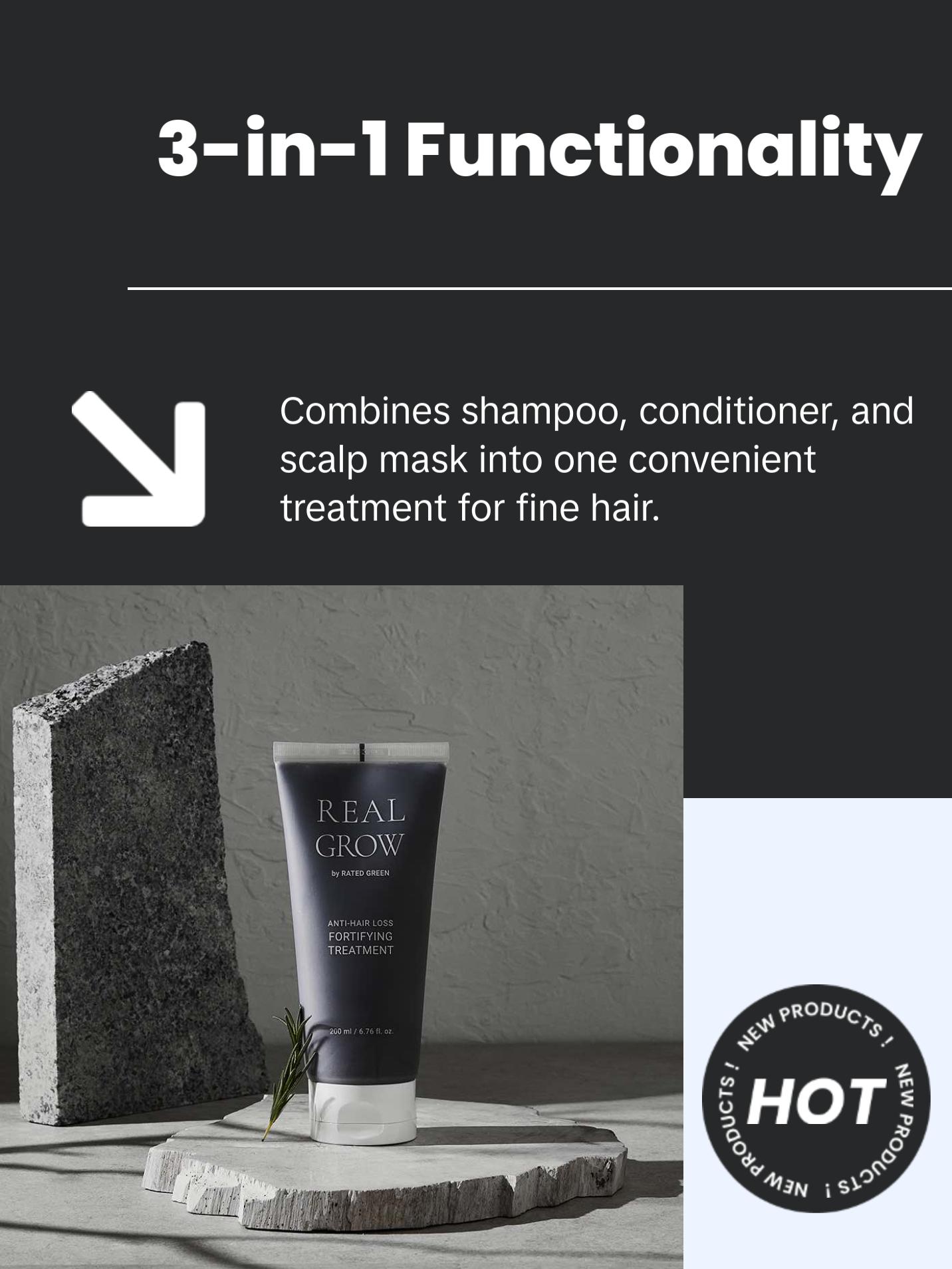 REAL GROW Anti-Hairloss Fortifying Treatment - 3-in-1 Shampoo, Conditioner, and Scalp Mask for Fine Hair Prone to Shedding with Organic Rosemary Oil