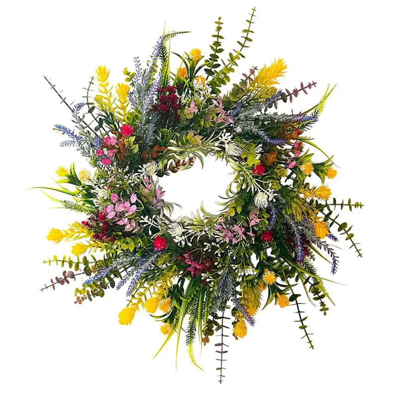 18in (45cm) Weatherproof Plastic Daisy Silk Floral Wreath & Garland with Hanger, Bendable Stems, Handmade Vine Base, Colorful Greenery Decor with Country Charm for Front Door-Window Household Exterior Accent