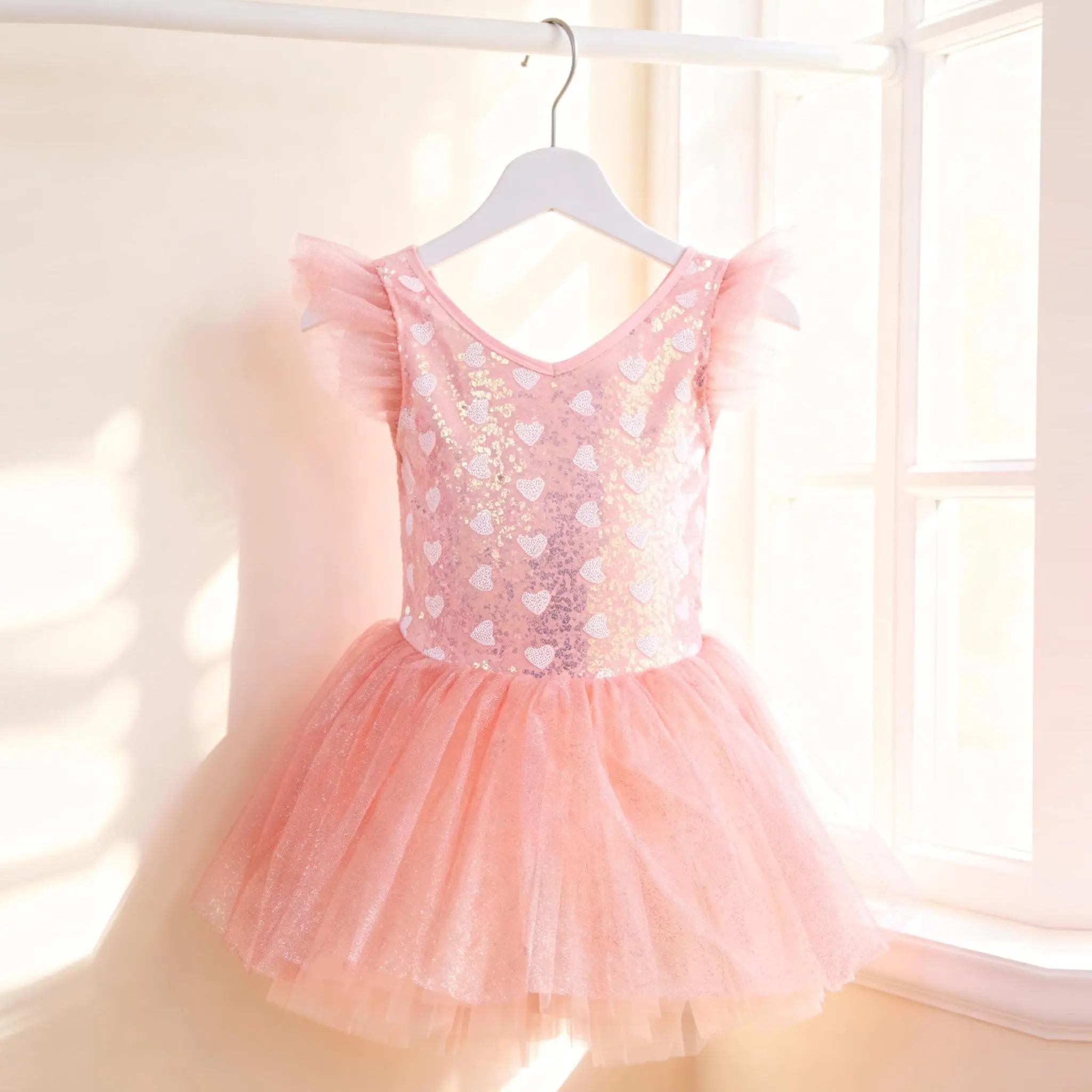 Girls' Princess Tutu Dress with Heart Sequin Bodice and Glitter Tulle Skirt, Ruffle Cap Sleeves for Birthday Parties, Cap Sleeves Dress, Birthday Dress