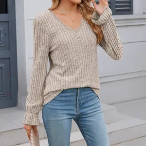 Women's Elegant Lace Trim V Neck Top Long Sleeve Ribbed Knit Flare Cuff Shirt Springfresh