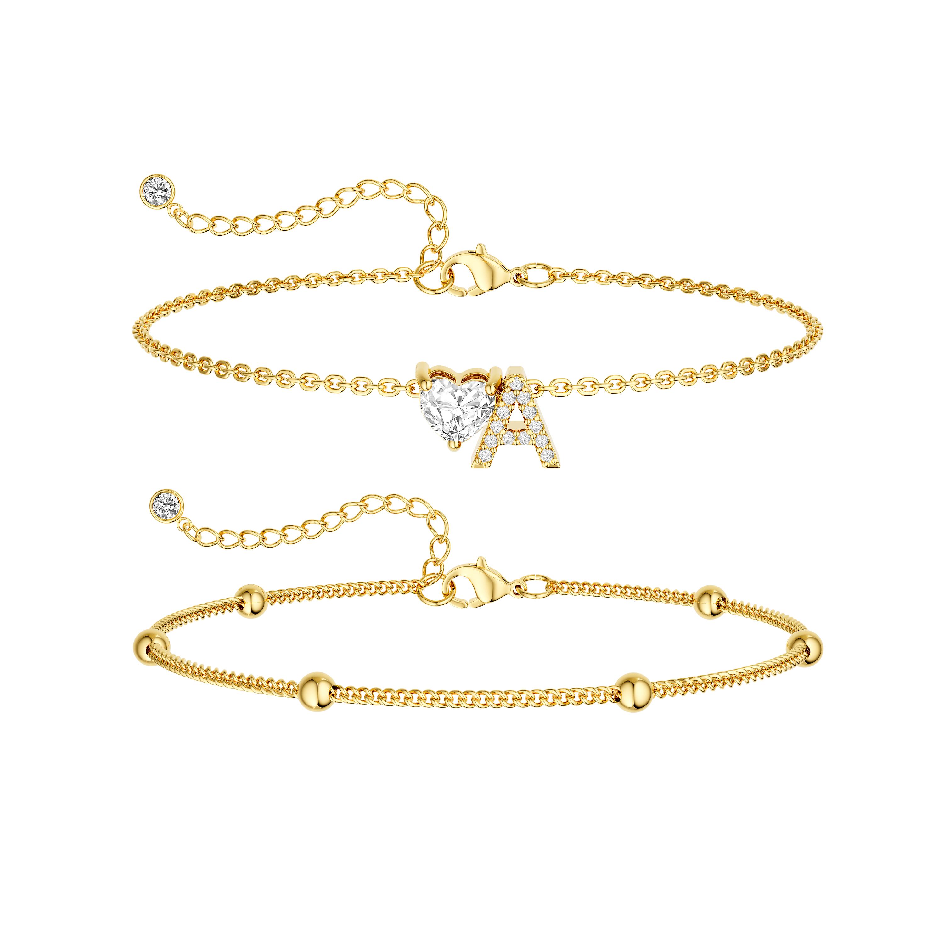 Tewiky 14K Gold Plated Double Layer Anklet with Cuban Chain & Beaded Spacing, CZ Heart Initial Ankle Bracelet for Women, Dainty Summer Jewelry Gift Tewiky 14K Gold Plated Double Layer Anklet with Cuban Chain & Beaded Spacing, CZ Heart Initial Ankle Bracelet for Women, Dainty Summer Jewelry Gift