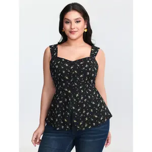 【Easter's Haul】【Arm Freedom】BlOOMCHIC Plus Floral Print Shirred Cinched-Waist Tank Top