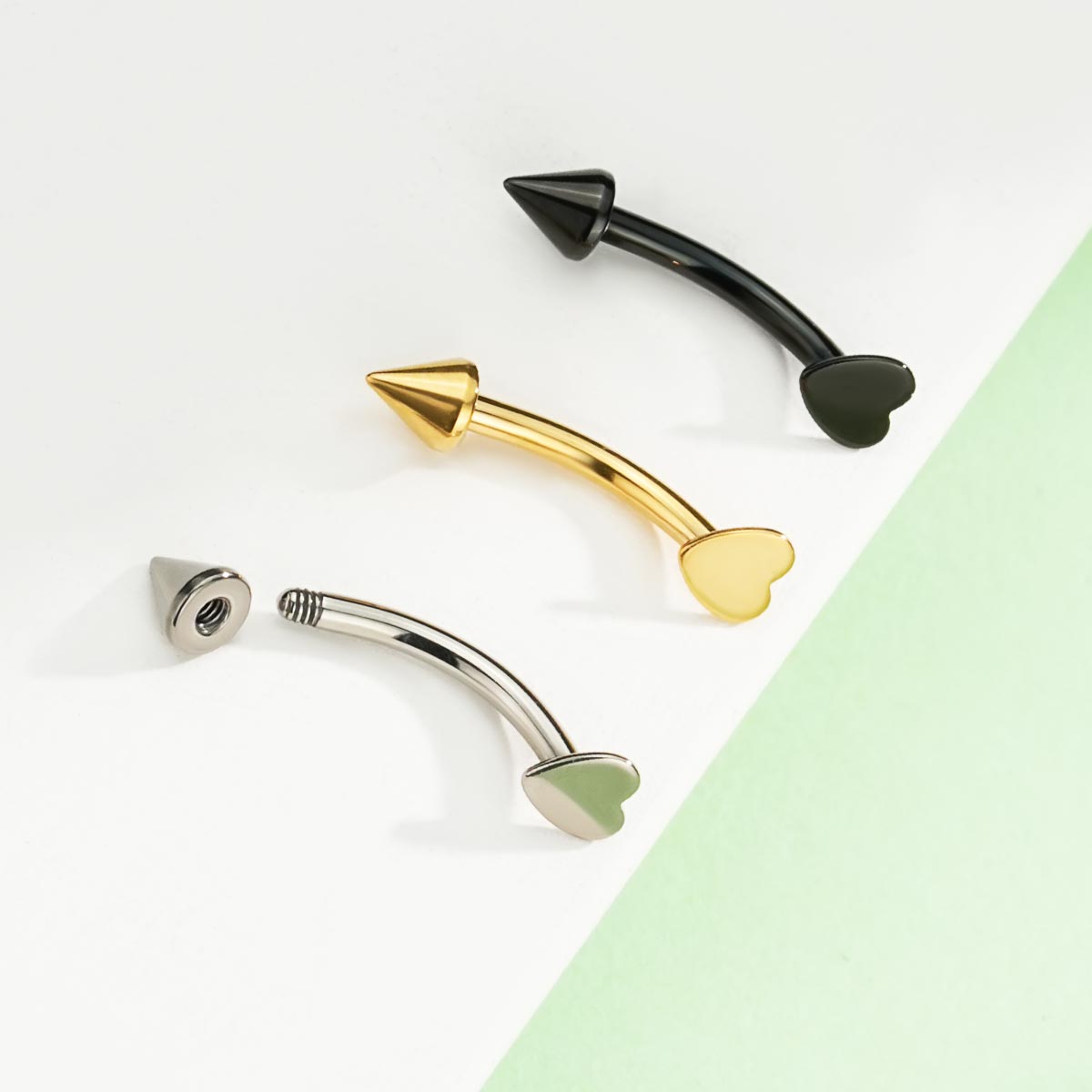 Oufer 16G Titanium Flat Heart & Spike Eyebrow Rook Ring Vertical Labret Snake Bite in Gold Black Silver