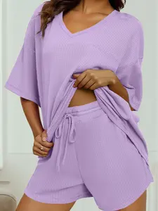 Solid Color Waffled V Neck Loose Tee Drawstring Shorts Set, The Waffle Knit Fabric Makes This Short Set Very Breathable and Wweat-Absorbing.