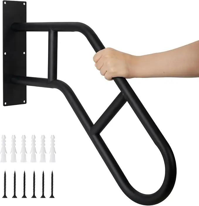 Upgraded Stair Handrails for 1-3 Steps, Curved Handrail for Outdoor Steps, Wall Mounted Staircase Handrail U-shaped Safety Handrail with 2 Anti Slip Crossbars, suitable for Garage, Porch, Garden, Courtyard, Terrace, Easy to install