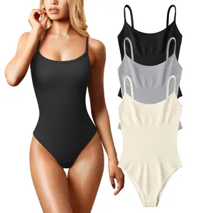 OYV Women's 3 Piece Bodysuits Sexy Ribbed Adjustable Sleeveless Tummy Control Tank Tops Bodysuits