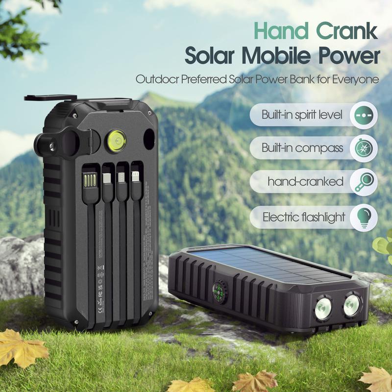 Bodo-Tech 40000mAh Solar Charger Hand Crank Power Bank with 4 Cables Fast PD20W Charging LED Flashlight for iPhone Android Samsung Orange Black