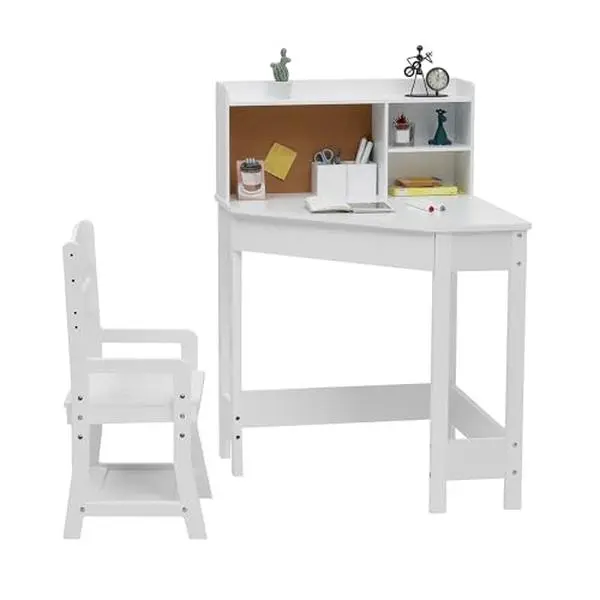 GARVEE Kids Desk & Chair Set, Wooden Corner Study Table with Built-In Bookshelf, Bulletin Board, and Pen Holder, White Writing Table for Boys & Girls,sohochic