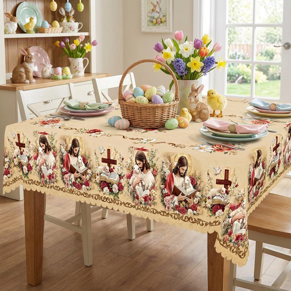 XEXSIN He is Risen Easter Tablecloth Party Decorations, Spring Floral Easter Cross Bible Tablecloth Rectangle/Round for Holiday Spring Farmhouse Kitchen Dining Table Decorations Indoor Outdoor