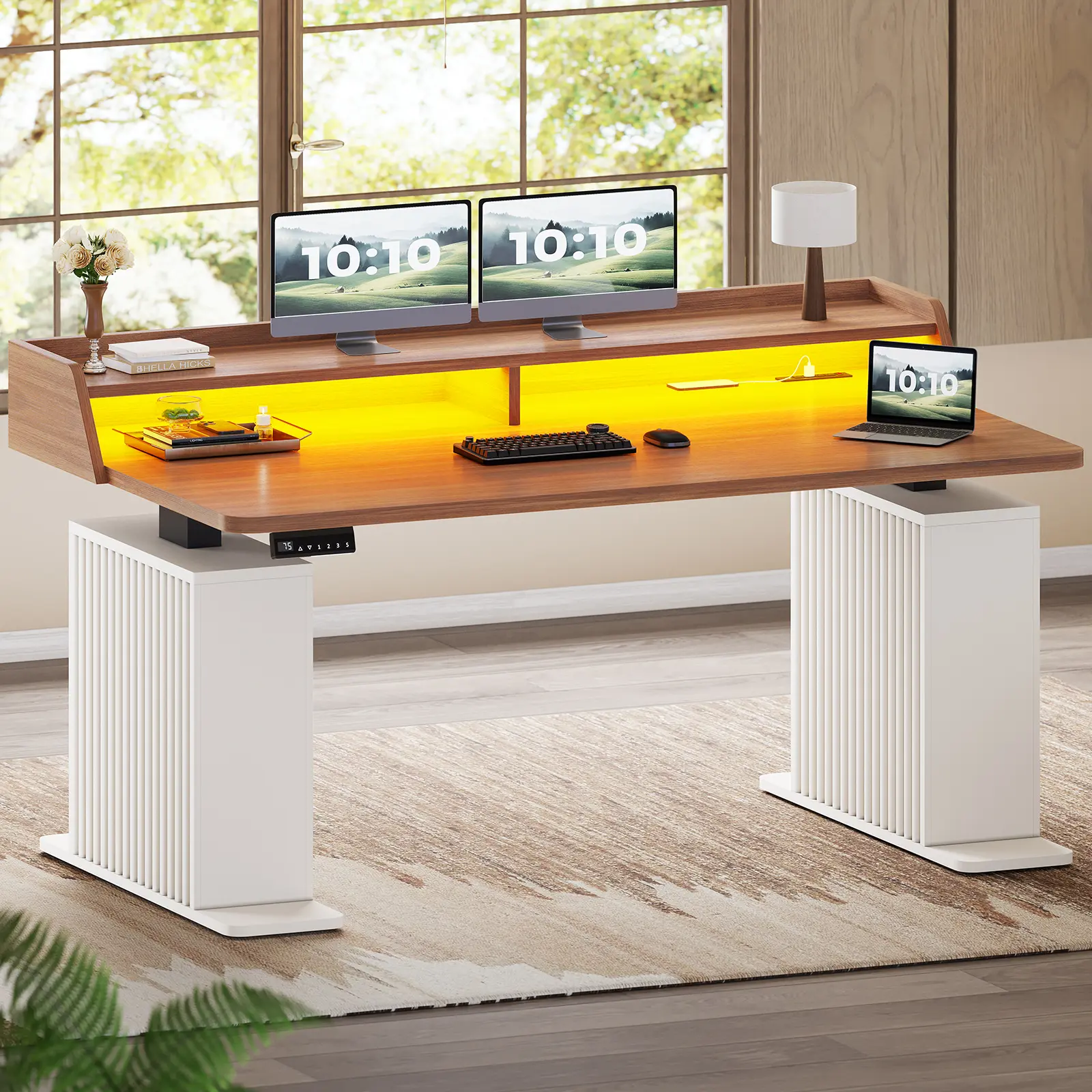 Sedeta 55-Inch Fluted Modern Wood Electric Standing Desk, Ergonomic Height-Adjustable Home Office Desk with Storage, Power Outlets, LED Lights and Computer Monitor Stand, Modern Wood Desk