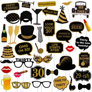 30th Birthday Photo Booth Props - 41 Pcs Black and Gold Dirty 30 Party Decorations for Men & Women, Instagrammable Selfie Station Supplies with Long Adhesive Strips, Funny 30 Years Old Table Centerpiece