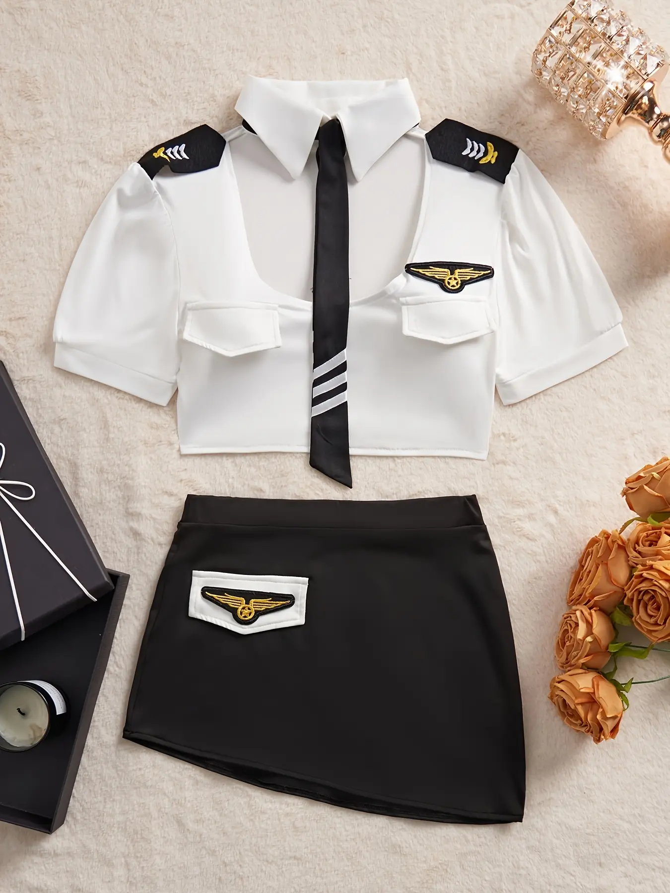 Ladies Sexy Lingerie Set - Elegant White Shirt And Black Skirt, Golden Embellishment, Tie Collar Design, Perfect for Adult Intimacy Moments, Lingerie, Fine Style, Romantic Clothing, Fashion Lingerie, Couples Clothing, Costumes, Dress Up Costume
