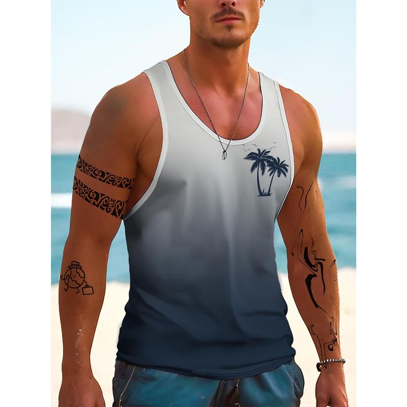 Men'S Hawaiian-Style Tropical Beach Gradient Coconut Tree 3D Print Sleeveless Tank Top - Fitness, Vacation, Home & Outdoor Sportswear, Adult, Hanzunpin Brand, Summer Casual Wear, Beach Wear |   Tropical Print Top |   Comfortable Fit, Beach Wear