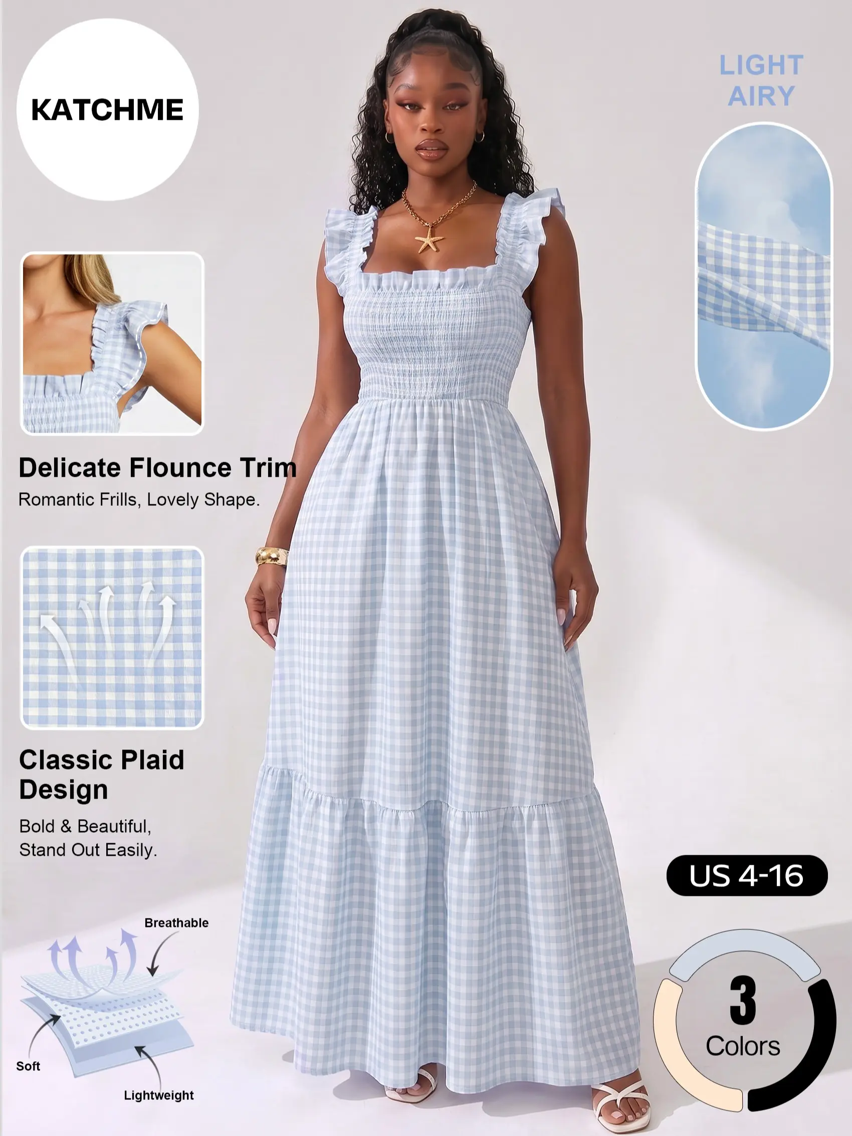 Katch Me Chic Women's Vibrant Square Neck Flounce Plaid Skin-Friendly Maxi Dress, Summer Flexible Breathable Ruched Holiday Dresses, Lightweight Quick-Drying Daily Outfit