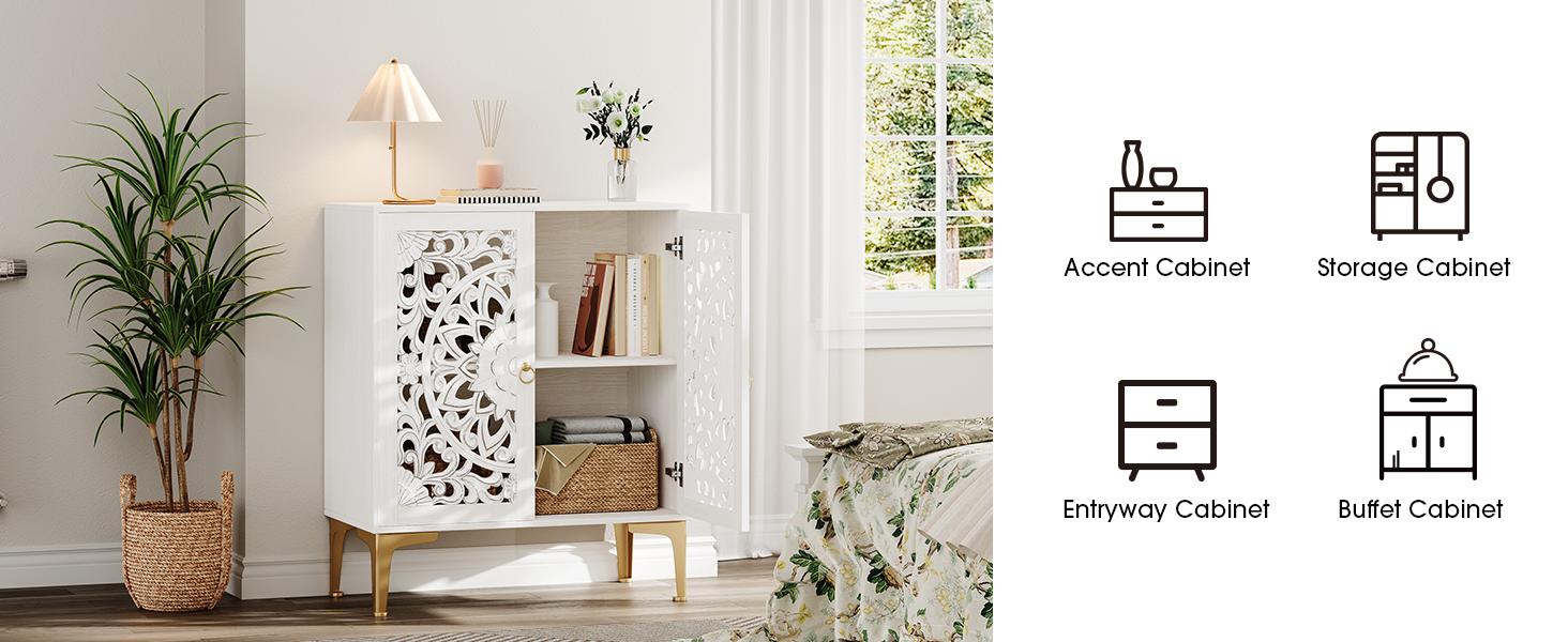 31.5" White Boho Accent Cabinet Mandala Carved Doors Gold Legs, Storage Sideboard Coffee Bar Cabinet for Living Dining Room Entryway